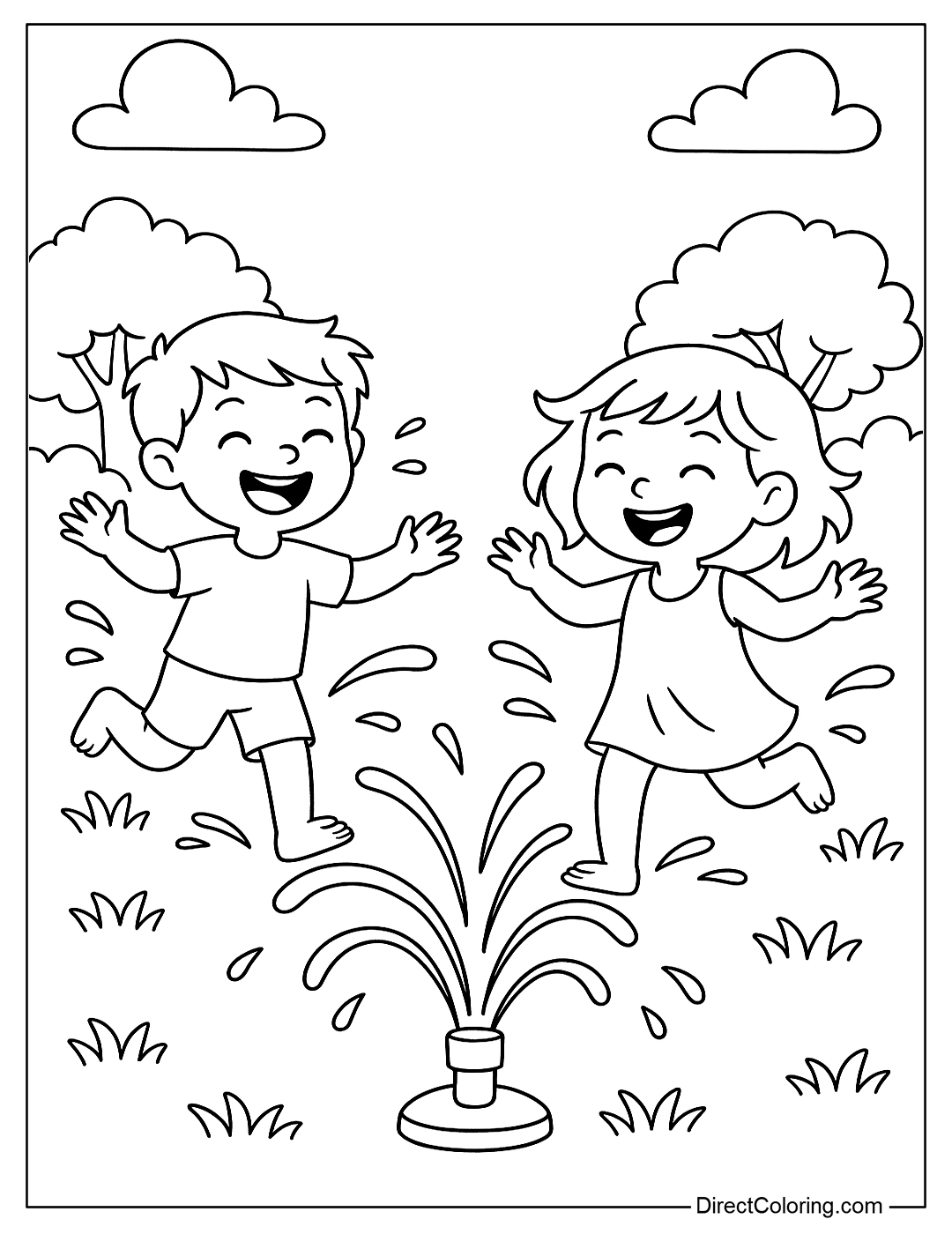 coloring page of Kids playing in backyard sprinklers